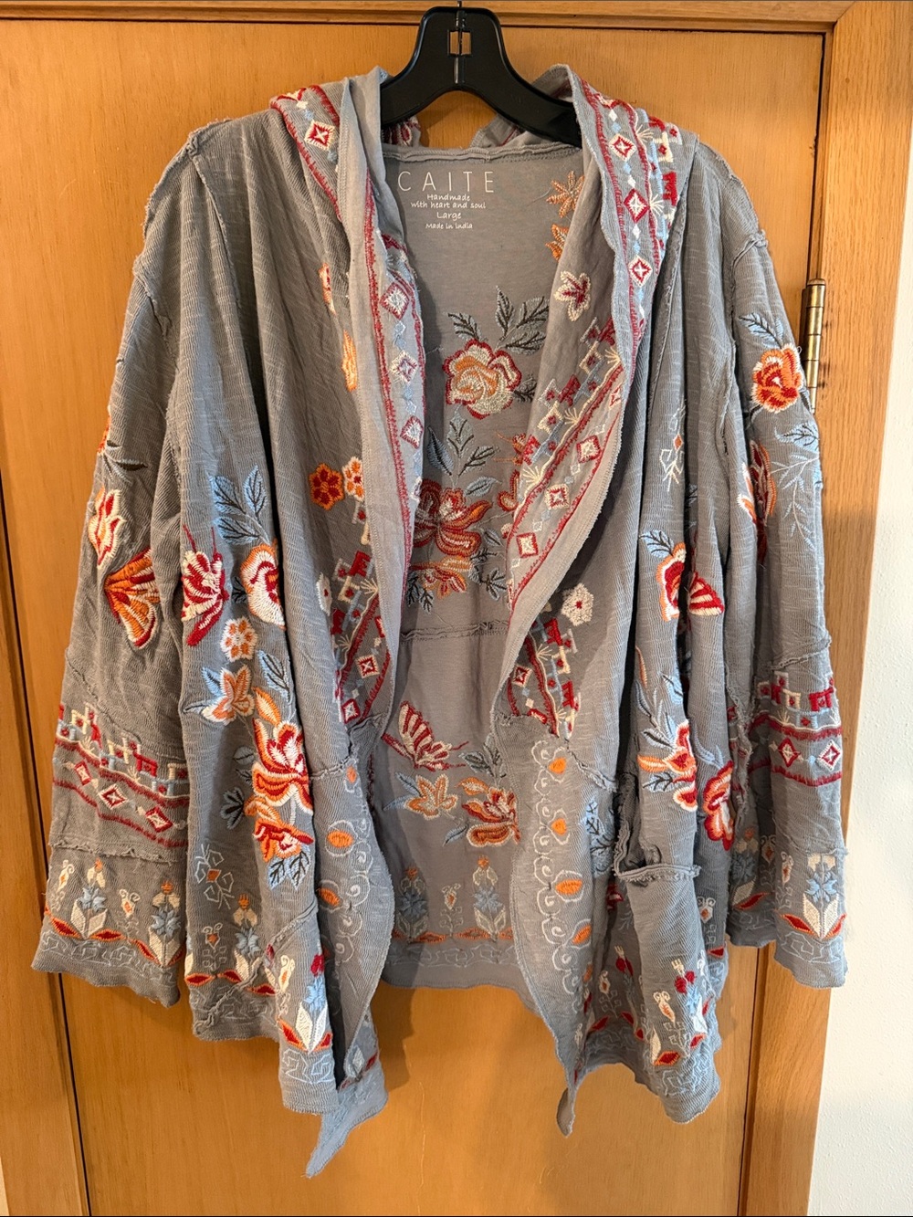 Caite Women’s Floral Embroidered Hooded Jacket Cardigan Boho Gray Orange Large